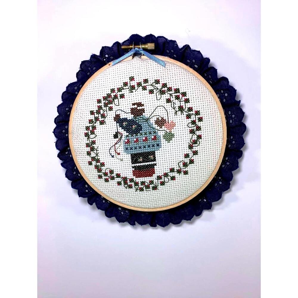Charming Cross Stitch Embroidery Wall Art with Lace Frame